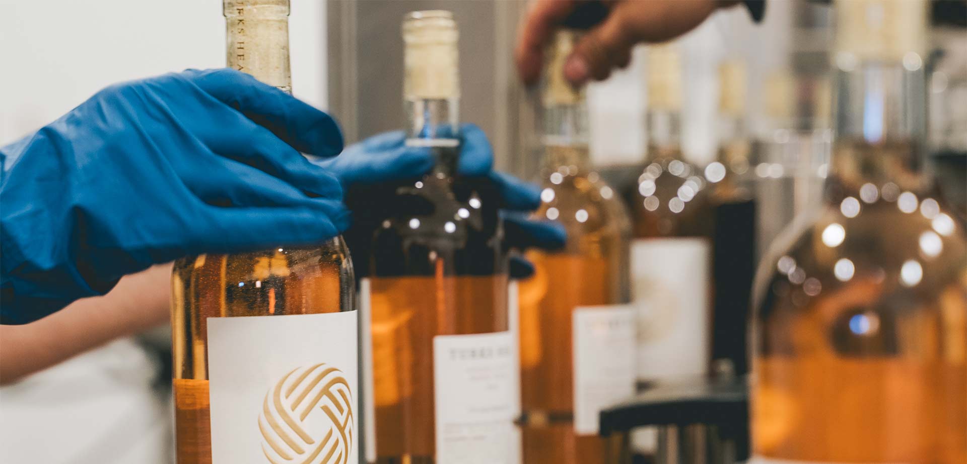 inspecting wine bottles during the bottling process