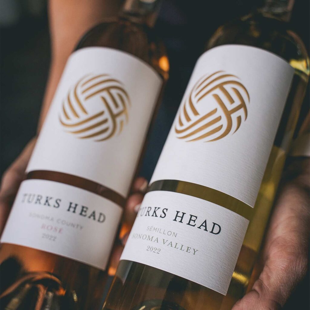 close up of Turks Head Wines Semillon and Rose bottles