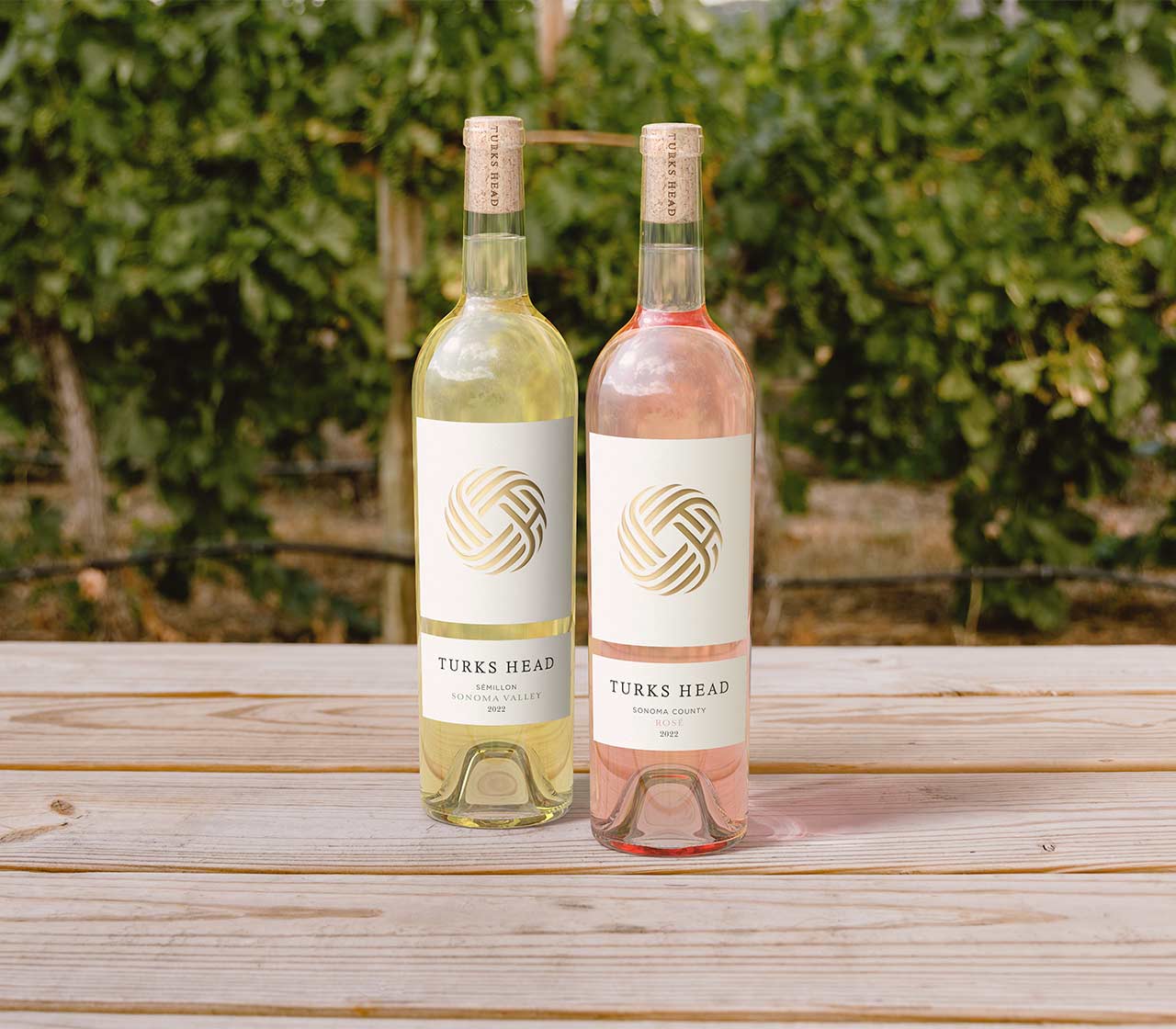 Sémillon and Rosé bottles on a picnic table