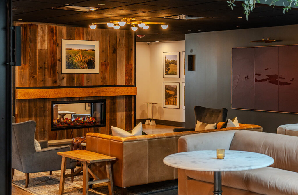 lounge area around an indoor fireplace