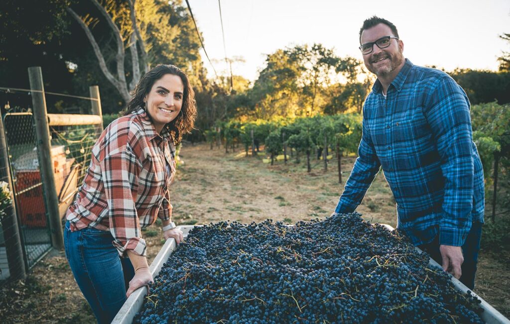 Allison and Josh hand inspecting wine harvest